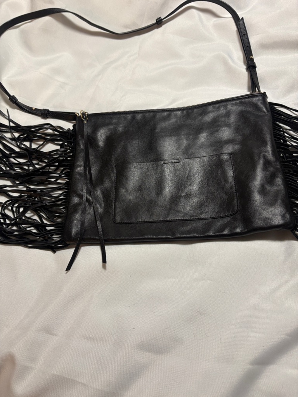 Banana Republic Black Leather Fringe Crossbody Bag with Front Patch Pocket